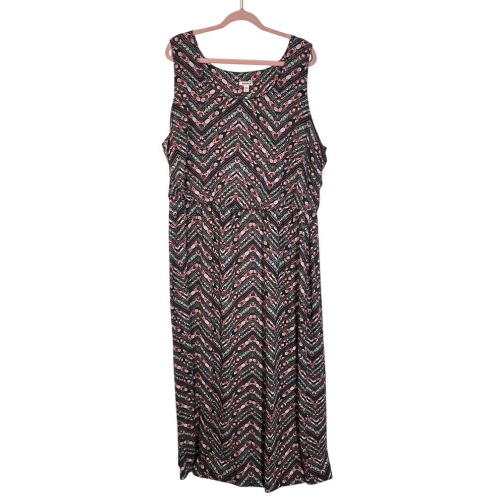 Bongo Plus Black w/ Pink Geometric Design Sleeveless Elastic Waist Maxi Dress 3X